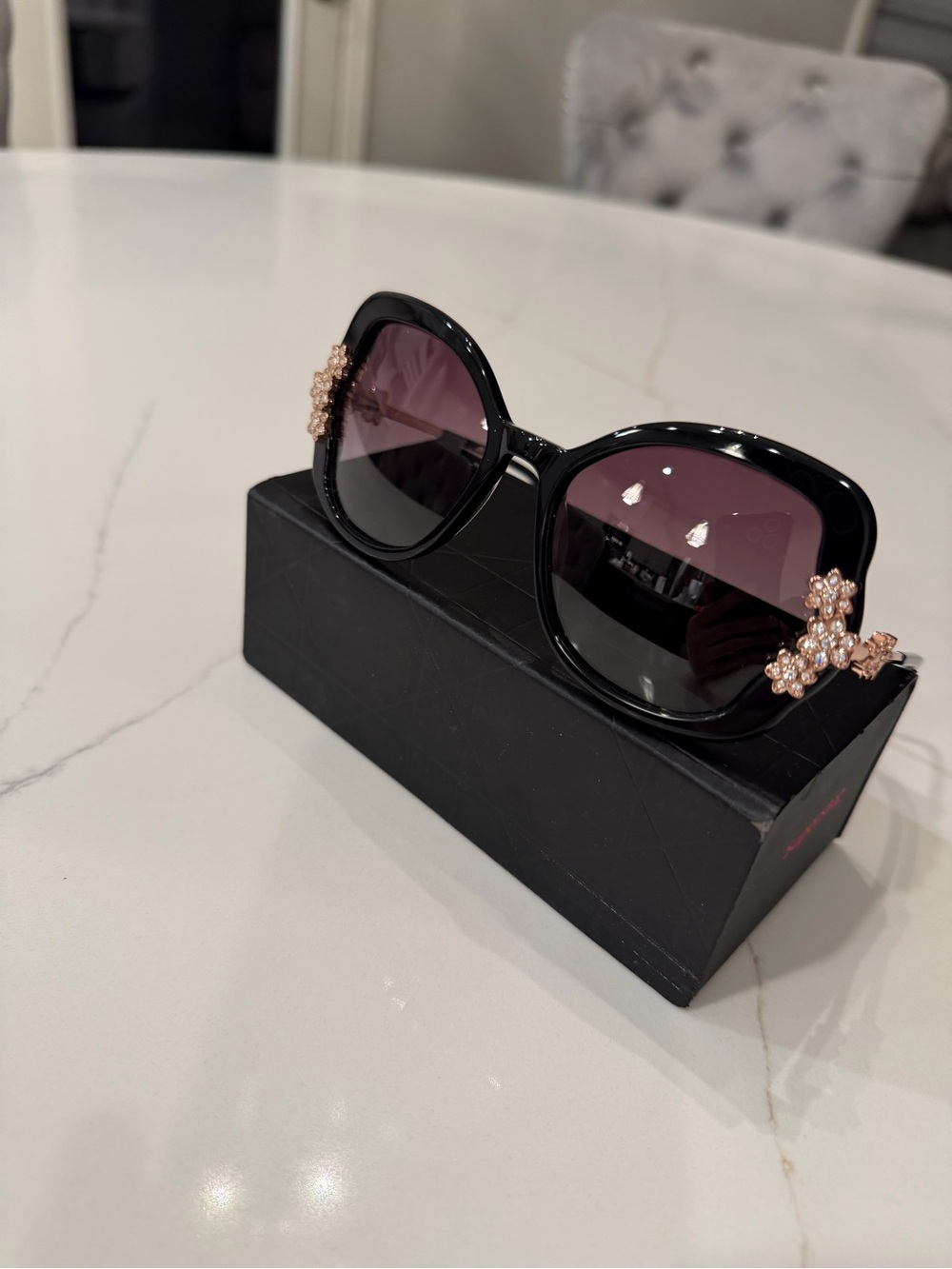 Black  Sunglasses with Rose Gold Flower Accents medium size